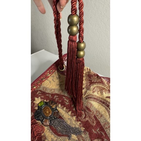 Vintage Sharif Purse Shoulder Bag Boho Retro Tapestry Leather Bead Tassel Bling - Picture 14 of 15